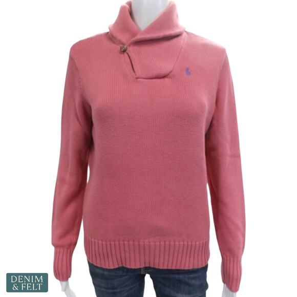 Ralph Lauren Sport Shawl Collar Knit Sweater Pink Cotton Button Neck Pullover